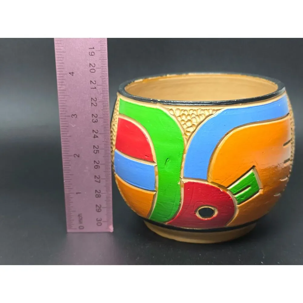 Clay Pottery Bowl Hand Carved Painted Ethnic Geometric Bird Folk Art Vessel